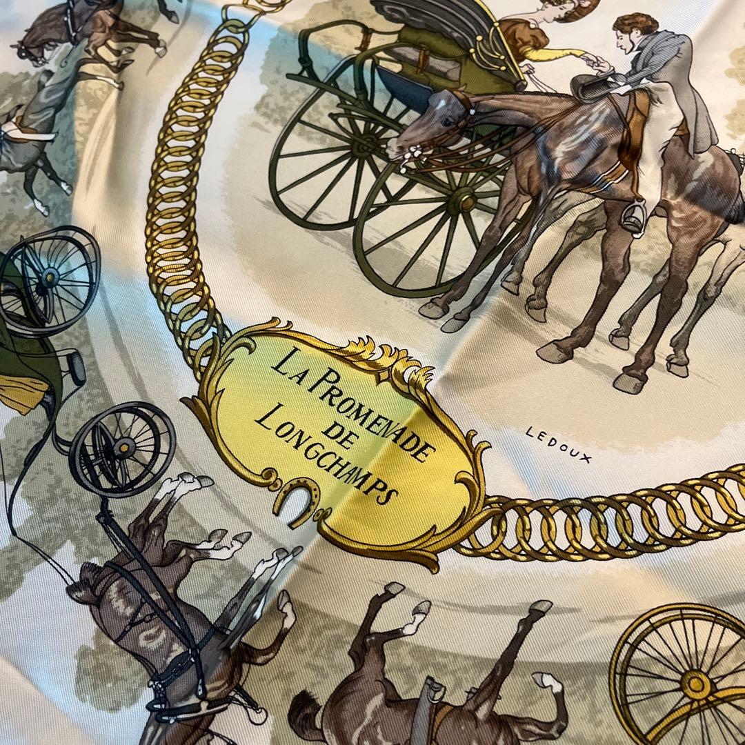 エルメス　スカーフ９０　ロンシャンの散歩　白