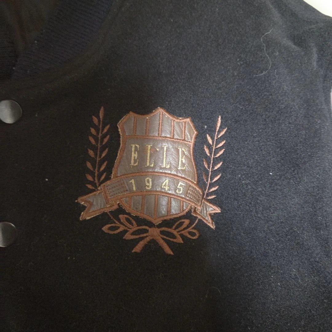 ELLE スタジャン 異素材 アーチロゴ レザー 刺繍 Lサイズ