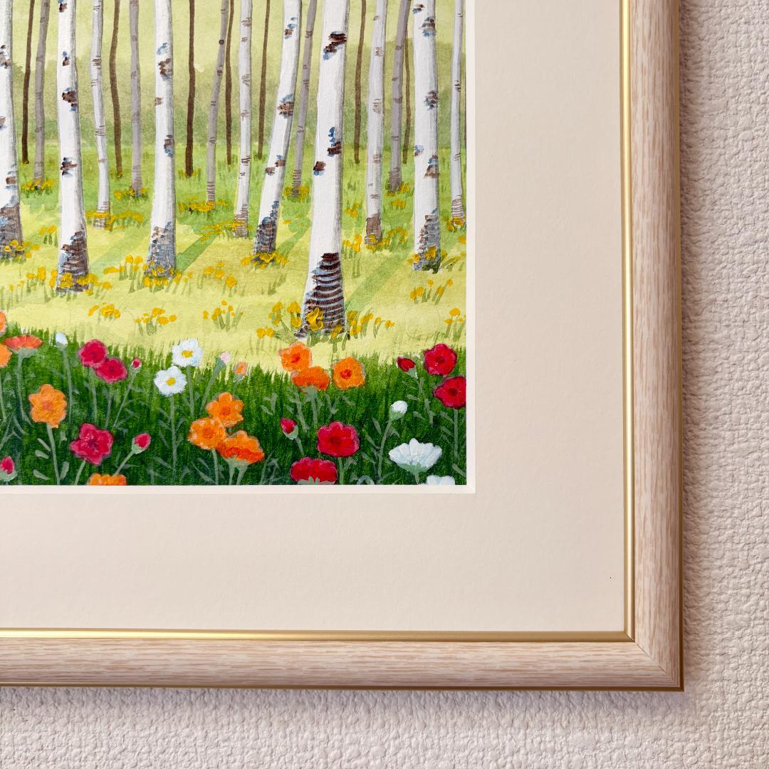 アクリル画 原画 「白樺林02」額縁付き SMサイズ 風景画
