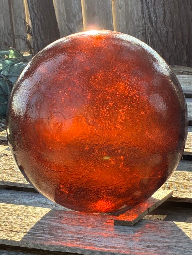 琥珀色のガラス浮き玉 特大サイズ直径約40cm ヘソ無し レアカラー 琥珀