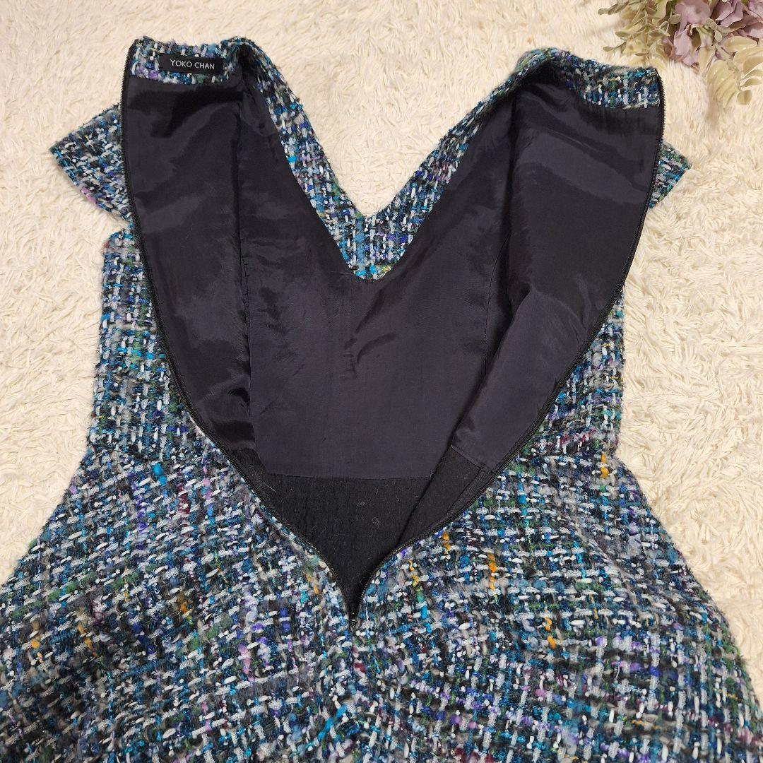 ヨーコチャン　ツイードバルーンドレス　ブルー系　サイズ38　結婚式　入学式