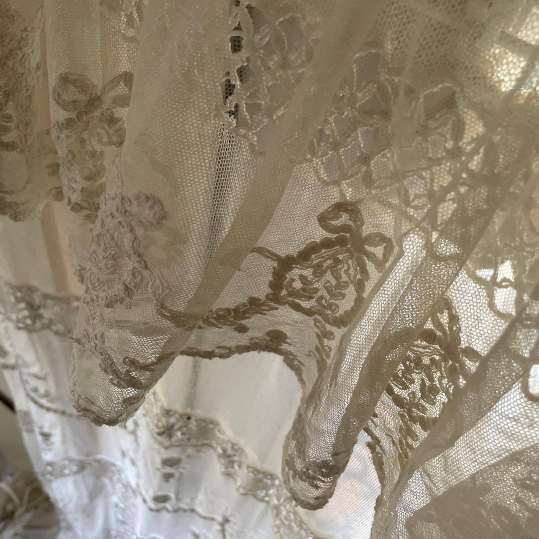 フランスアンティーク　リボンモチーフ　チュール　レース　紐付き　カーテン　間仕切