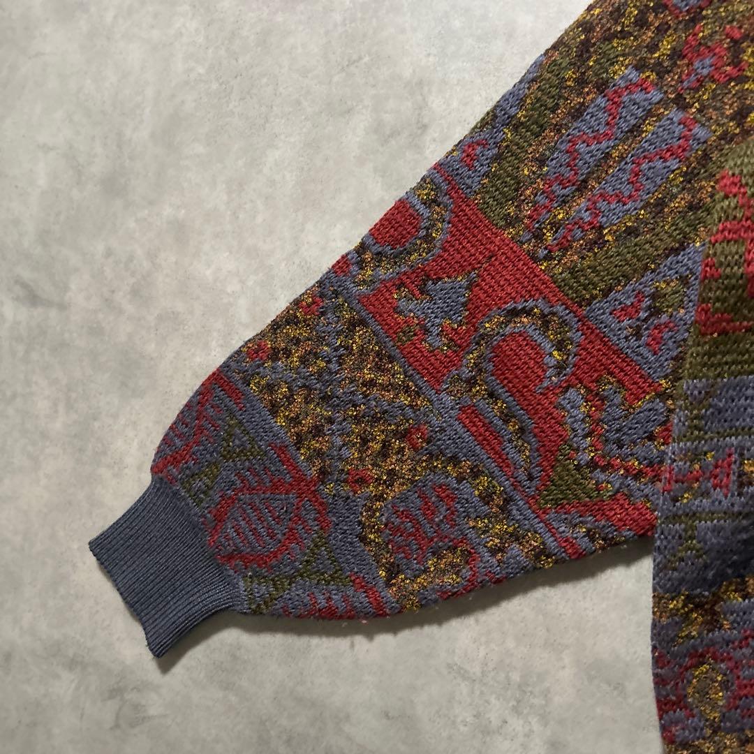 ヴィンテージ 総柄 レトロ パープル 幾何学 模様 レトロ ニット セーター