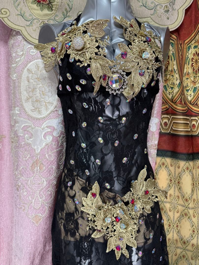 ベリーダンス　エジプト製　ブラック　ゴールド　オリエンタル　衣装　　ワンピース