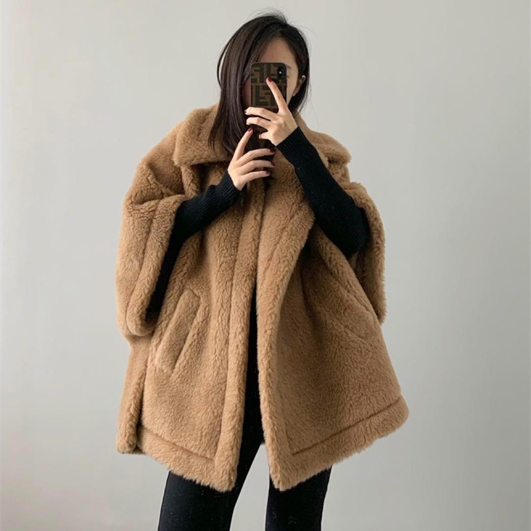 新品未使用 ベアポンチョ アルパカ素材 ライトブラウン テディベア ケープ