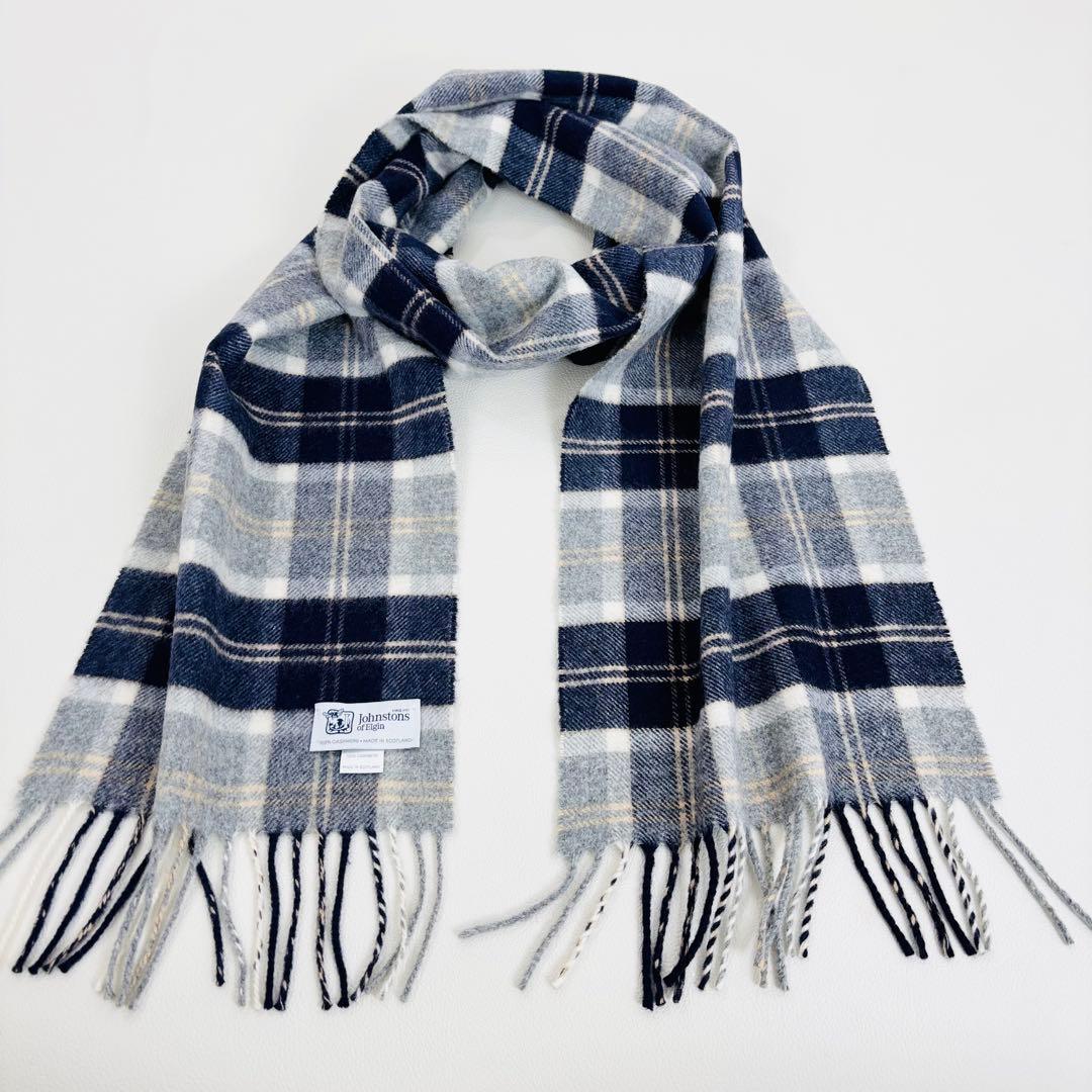 1827【美品】ジョンストンズ マフラー カシミヤ100% チェック グレー