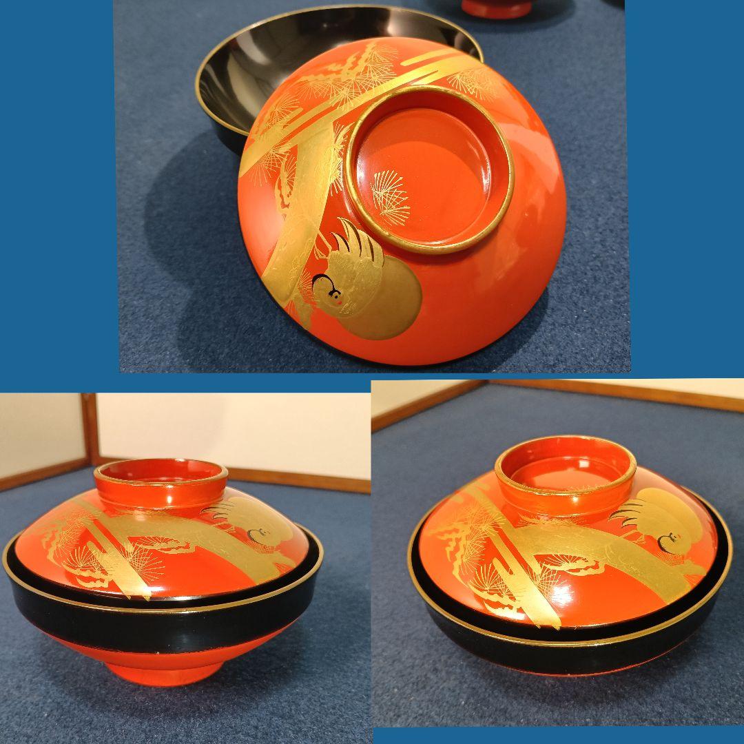 AM53 会津 朱椀 松鶴図 金蒔絵 縁金 五客 蓋付吸物