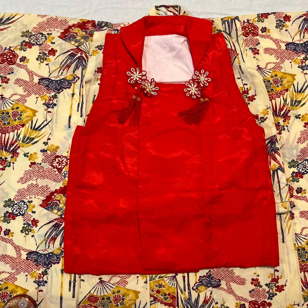 七五三　3歳　着物セット　アンティーク　被布　白　クリーム色