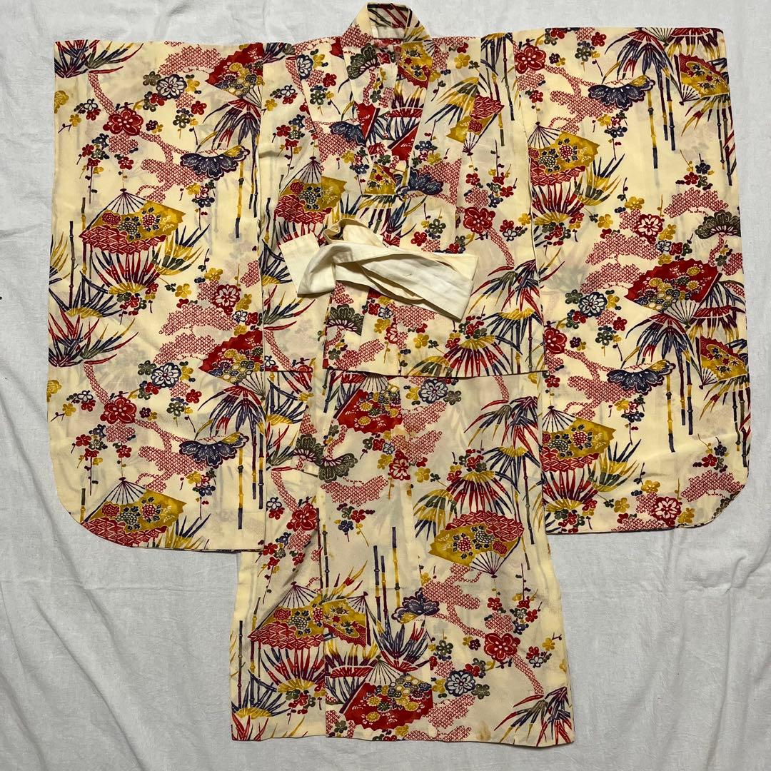 七五三　3歳　着物セット　アンティーク　被布　白　クリーム色