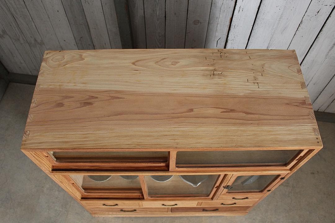 古い木枠のガラス戸棚 木製引き出し6杯 食器棚 本棚 キャビネット 古