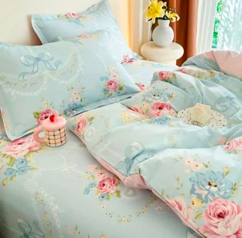 新品★水色薔薇小花リボンレース柄綿100%シングル掛け布団カバー1枚枕カバー2枚