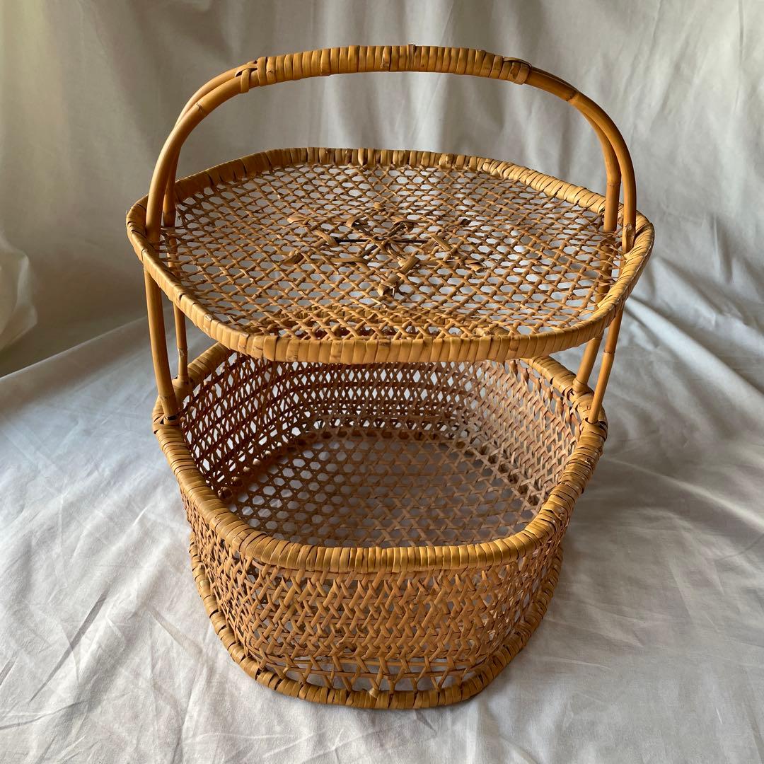 竹かご　竹細工　持ち手つき　蓋つき　古道具