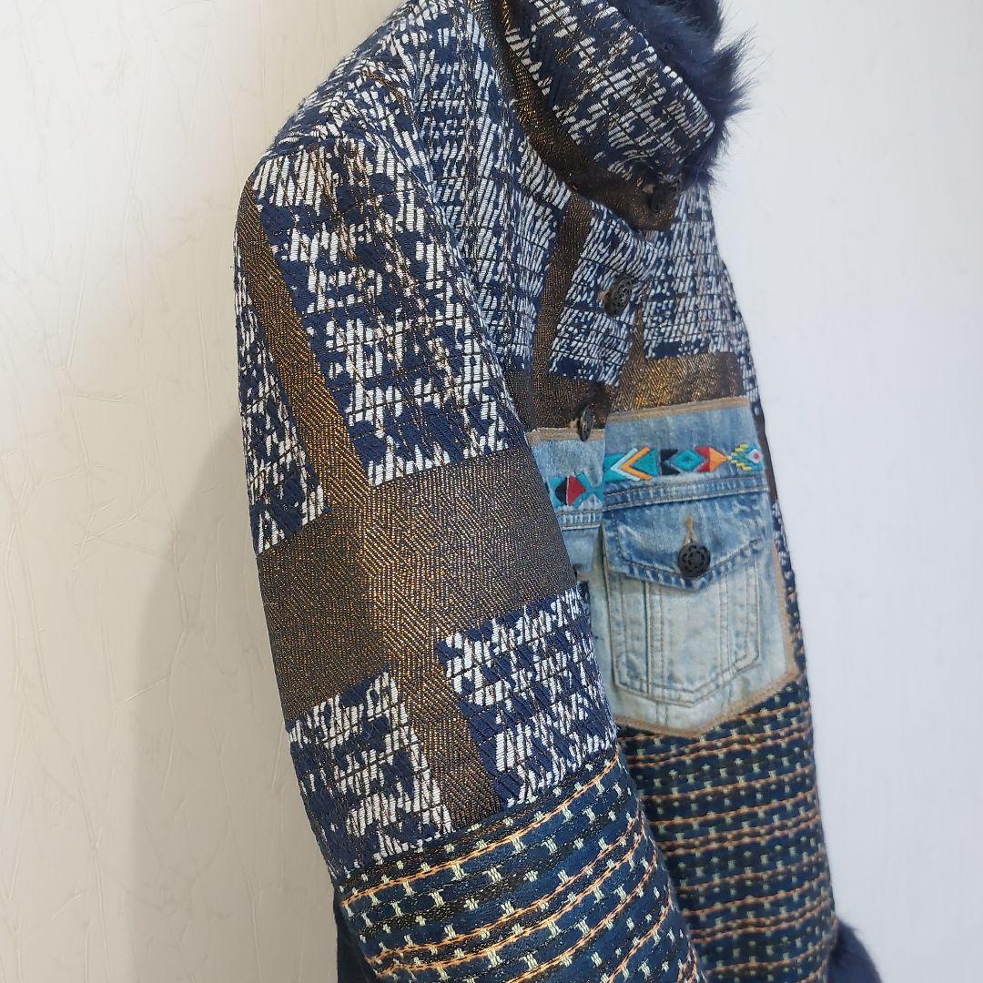 個性派✨Desigual 豪華刺繍 デニムパッチワーク ロングコート ファー襟