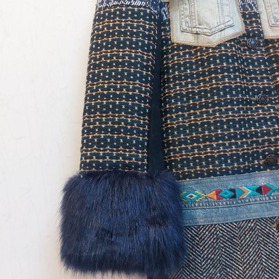 個性派✨Desigual 豪華刺繍 デニムパッチワーク ロングコート ファー襟