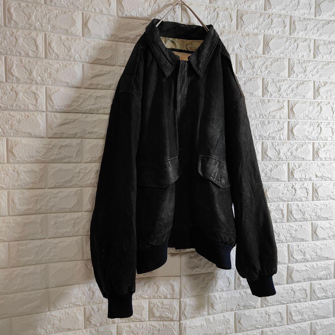 地図柄 裏地 A2 本革 フライトレザージャケット つや消し ブラック 2XL