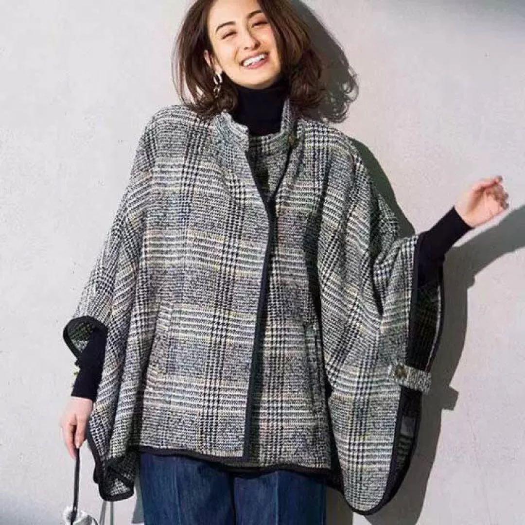 チェック柄 ポンチョ・ケープコート グレー・ブラック - メルカリ