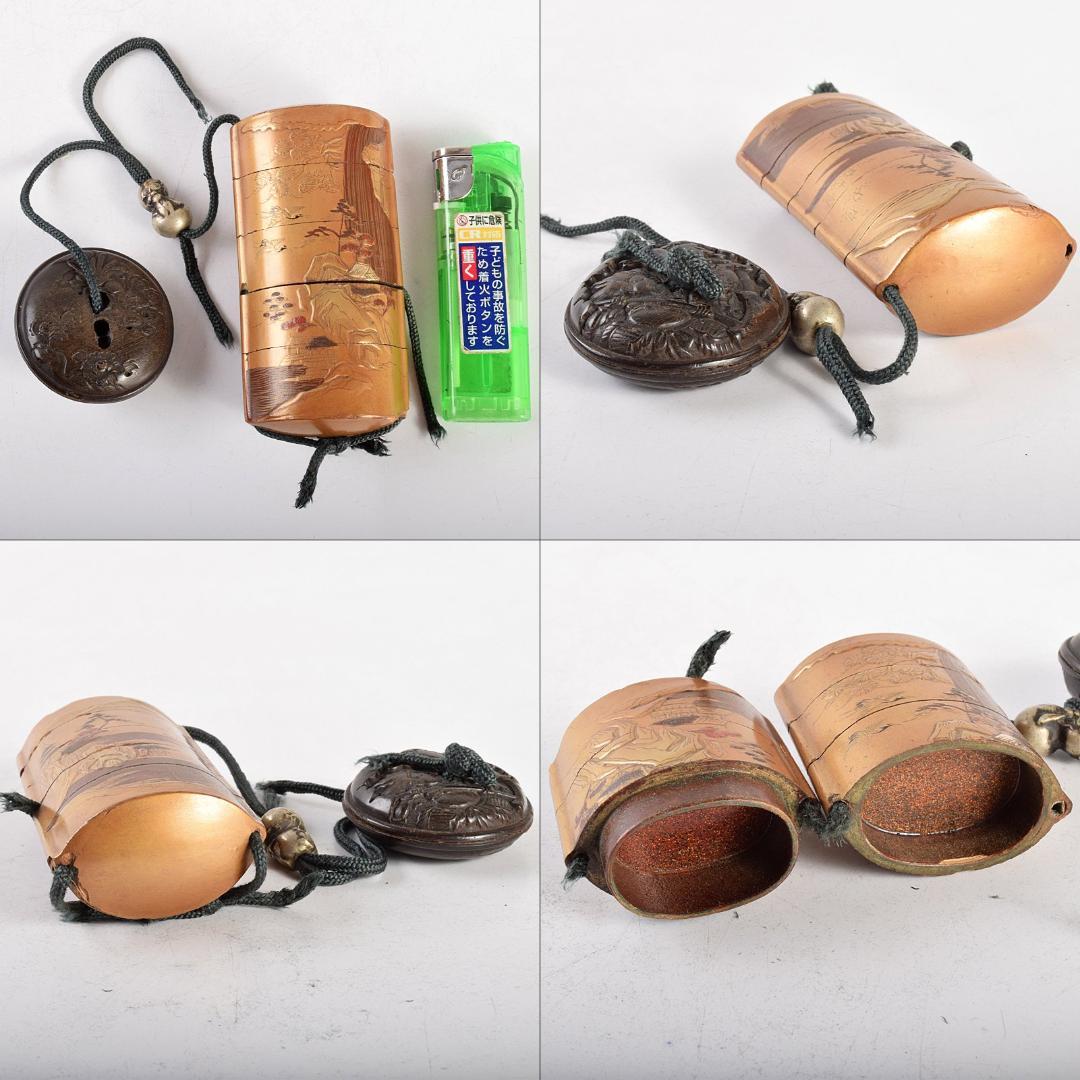 城様専用時代提げ物 金蒔絵山水図 印籠 牛角製饅頭根付・瓢箪