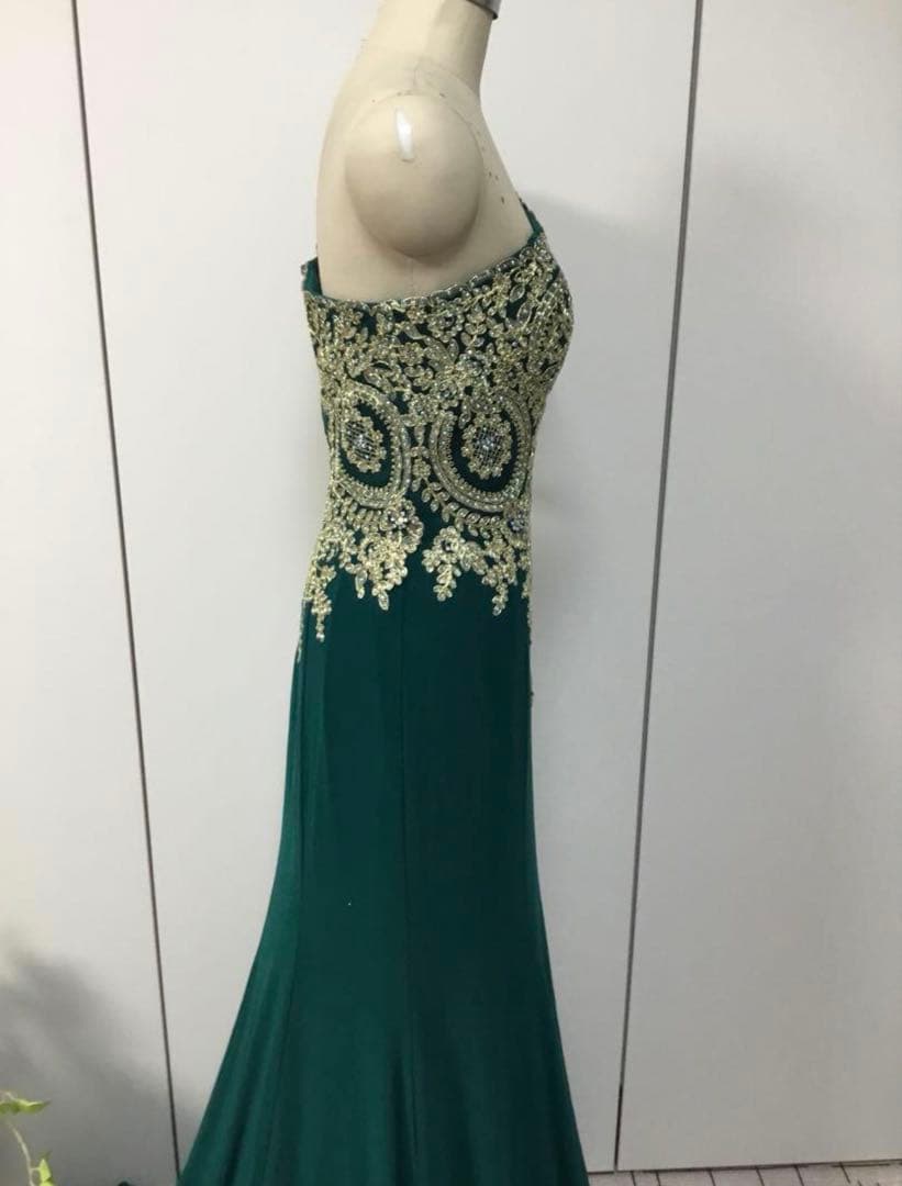 ダークグリーン ワンショルダー パーティードレス