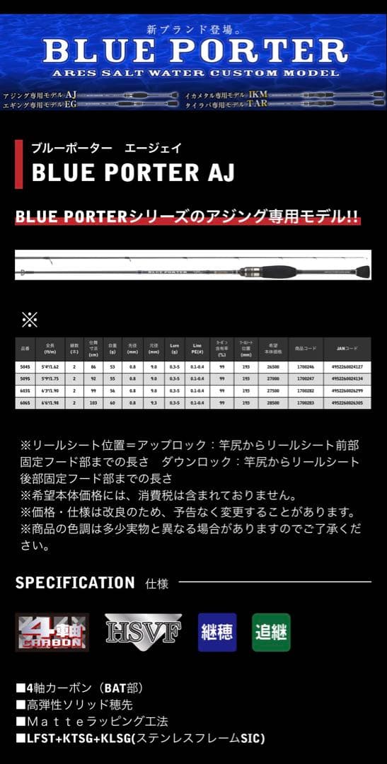 宇崎日新 アレス ブルーポーターAJ 603Ｓ美品 アジングロッド