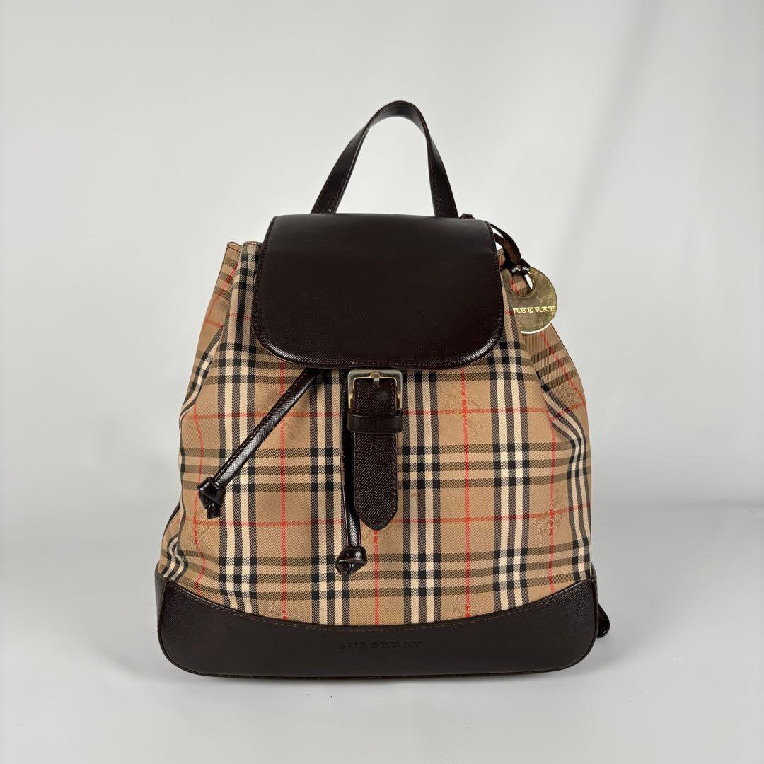 良品　バーバリー リュック 巾着 フラップ ノバチェック シャドーホース