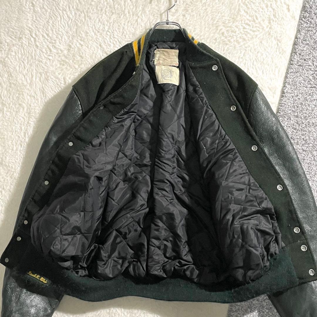 70s80s　DeLONG　ウールスタジャン　USA製　袖レザー　グリーン48