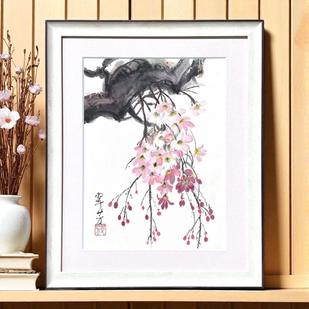 【古口翠芳/Suihou Koguchi】墨彩画　枝垂れ桜　木製額縁付き