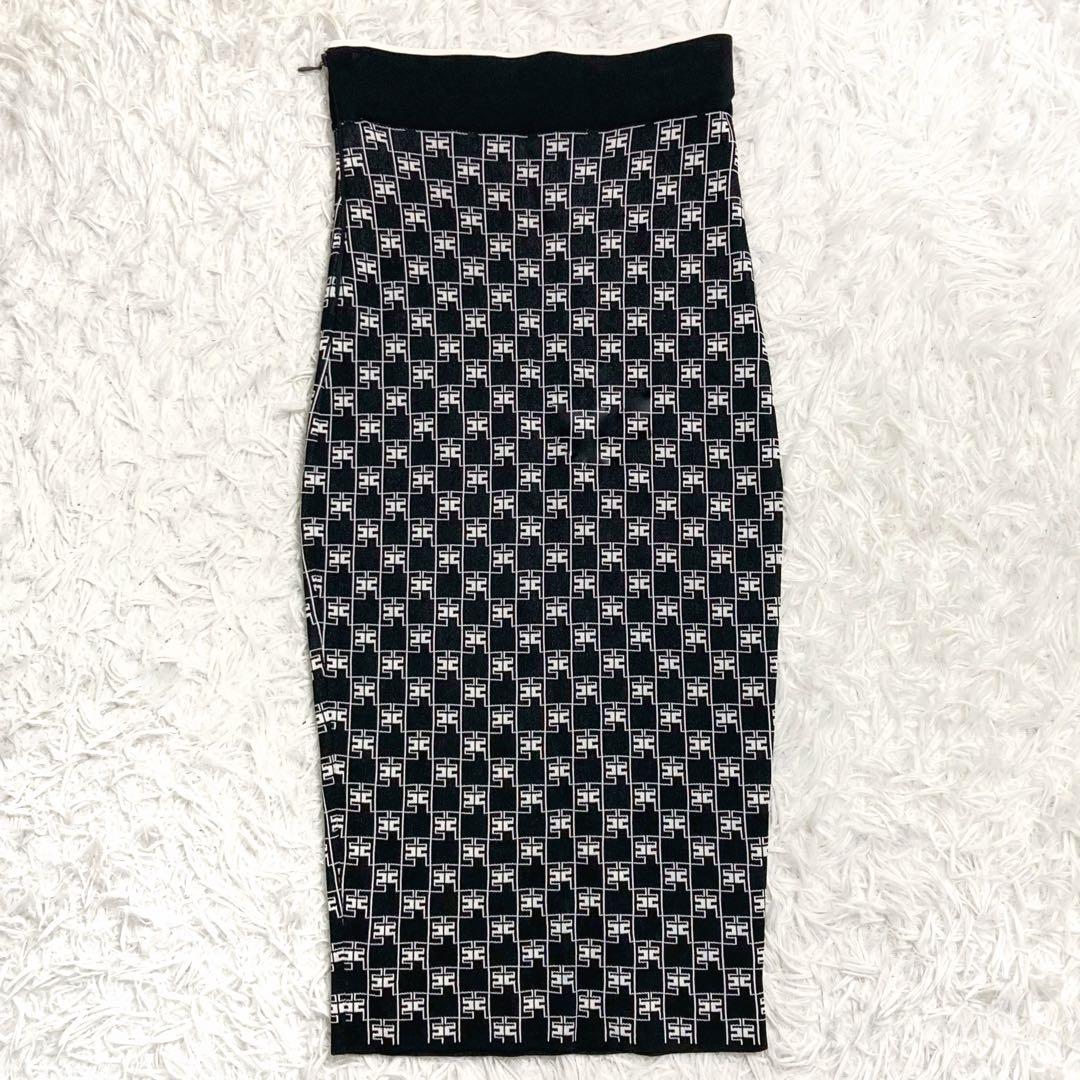 美品✨エリザベッタフランキ ロゴ総柄ニットスカート ブラック