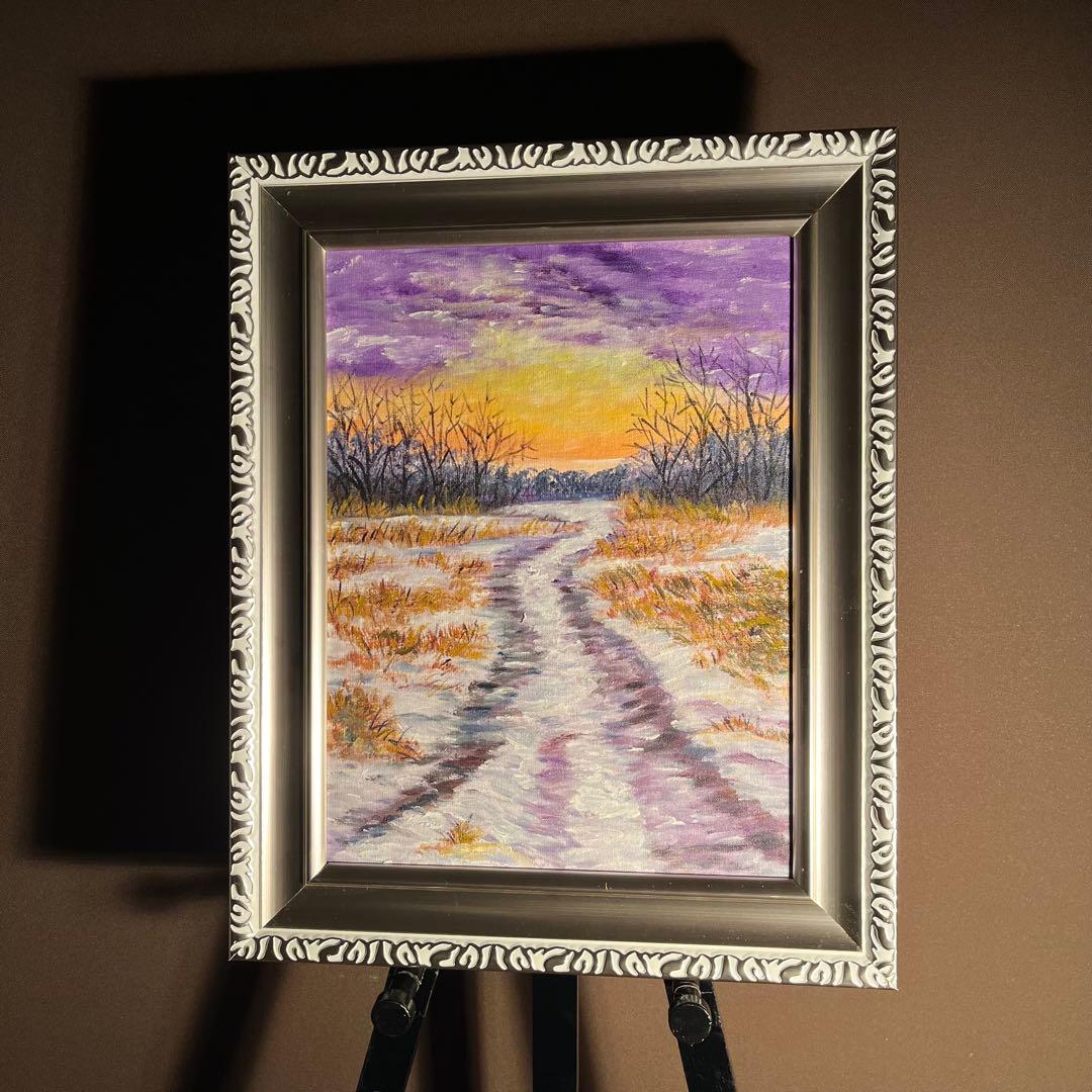 手書き油絵 朱に染まる空 額付 肉筆絵画 インテリア 有名絵画 油彩画