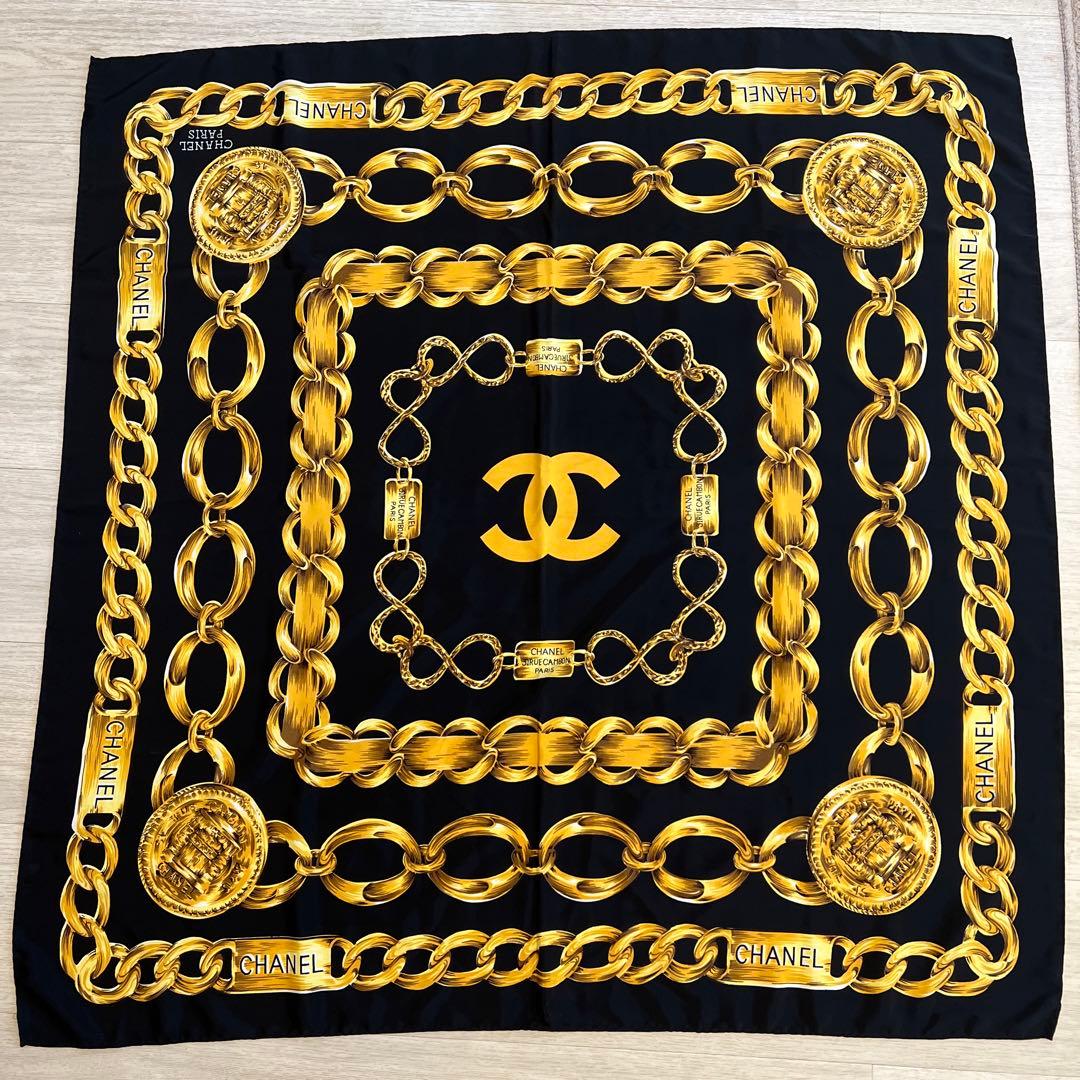 美品】CHANELシャネル スカーフ チェーンモチーフ シルク