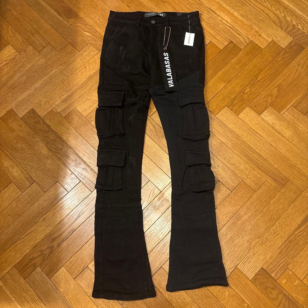 VALABASAS新品フレアスキニーダメージマルチポケットデニム30