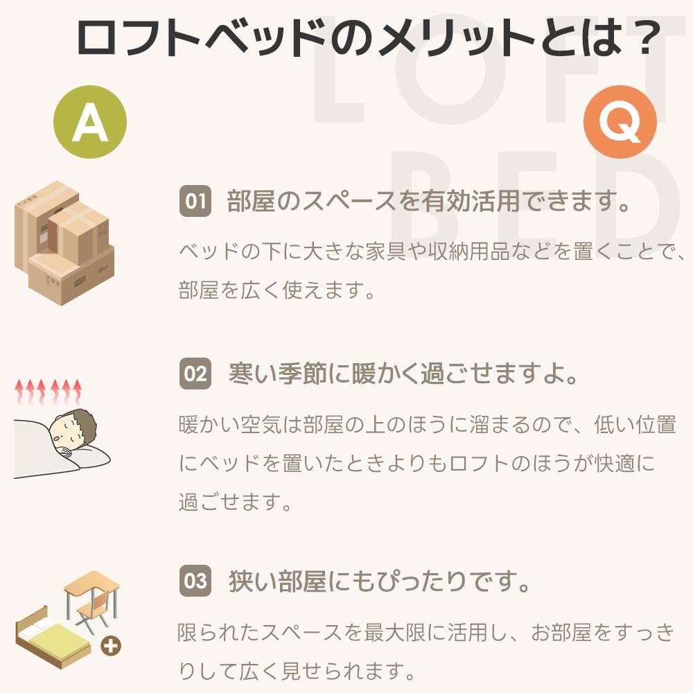 ロフトベッド シングル 手すり付き階段 便利な側面収納 北欧風 WHITE