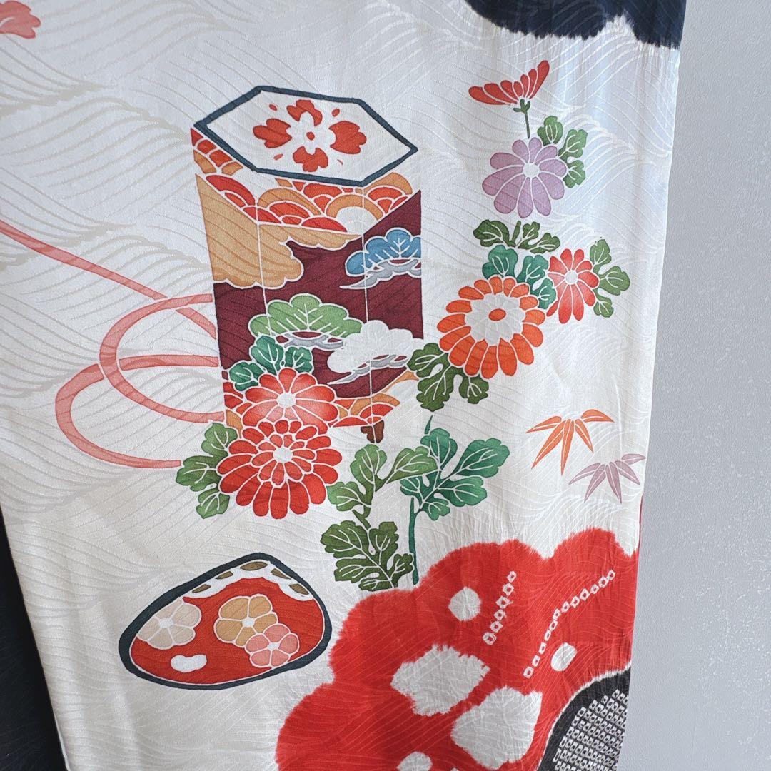 フルセット　七五三　７歳女の子　白地　しぼり貝合せ　丸帯黒地　簡単半襟　7301