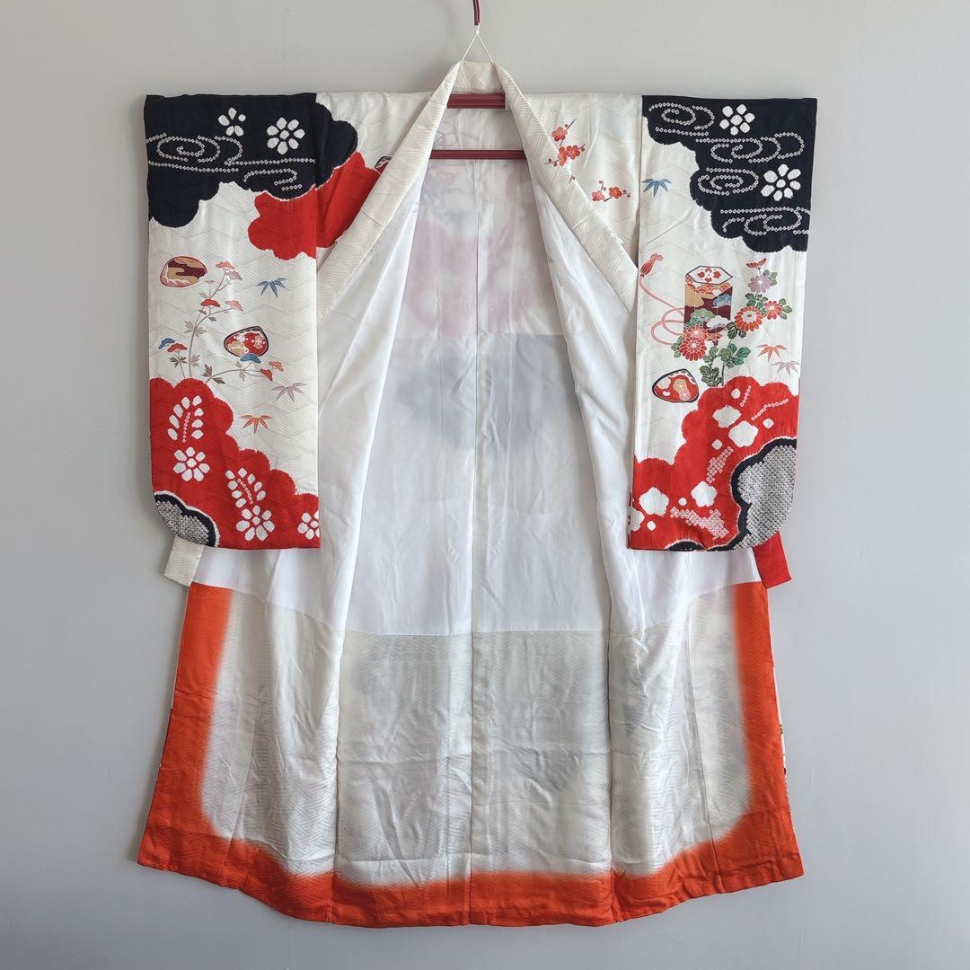 フルセット　七五三　７歳女の子　白地　しぼり貝合せ　丸帯黒地　簡単半襟　7301