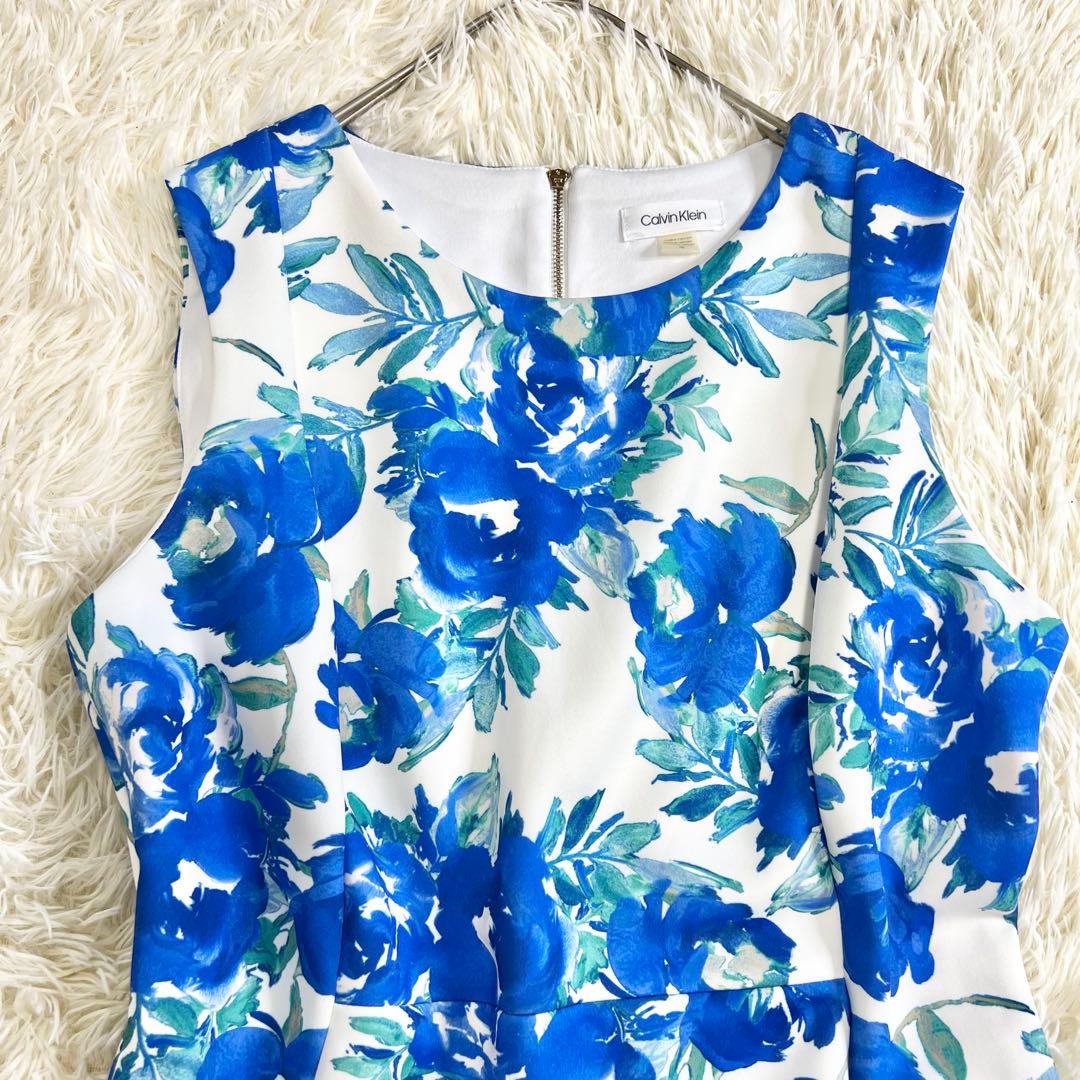 【希少】極美品✨カルバンクライン ドレスワンピース 花柄 大きいサイズ 白 青