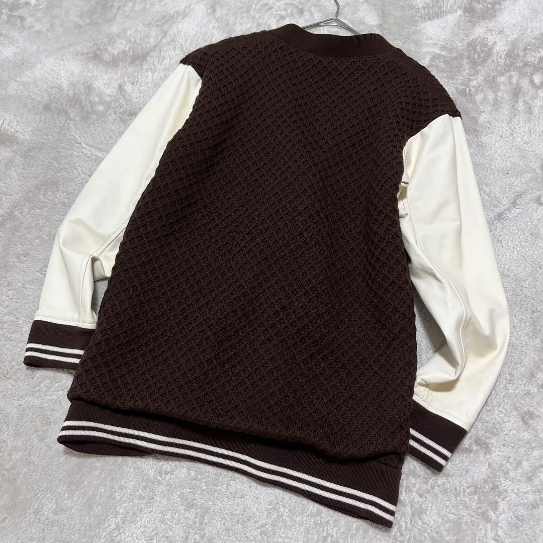 白玉　　ニット、レザー　切り替え　ドッキング　スタジャン　羊革