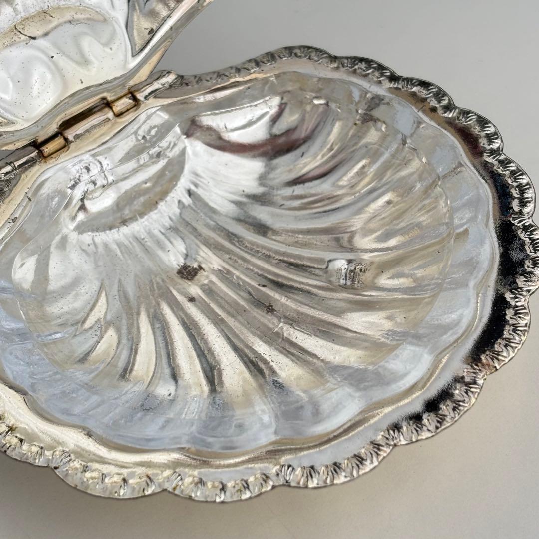 【フランス】シェル バターディッシュ ヴィンテージ ガラスプレート付き メタル