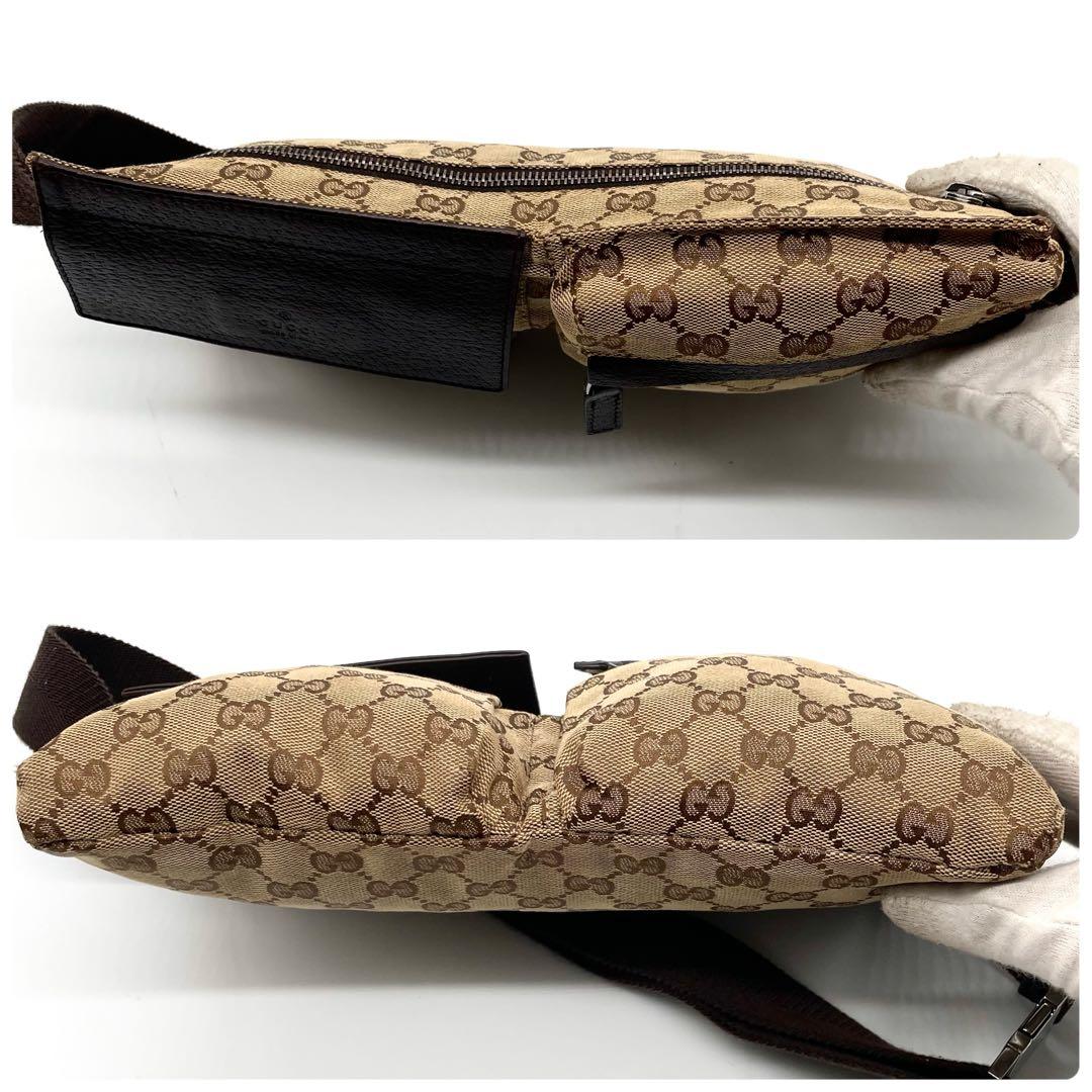 極美品✨グッチ ボディバッグ GG キャンバス レザー ウエストバッグ ブラウン