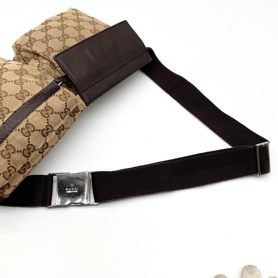 極美品✨グッチ ボディバッグ GG キャンバス レザー ウエストバッグ ブラウン