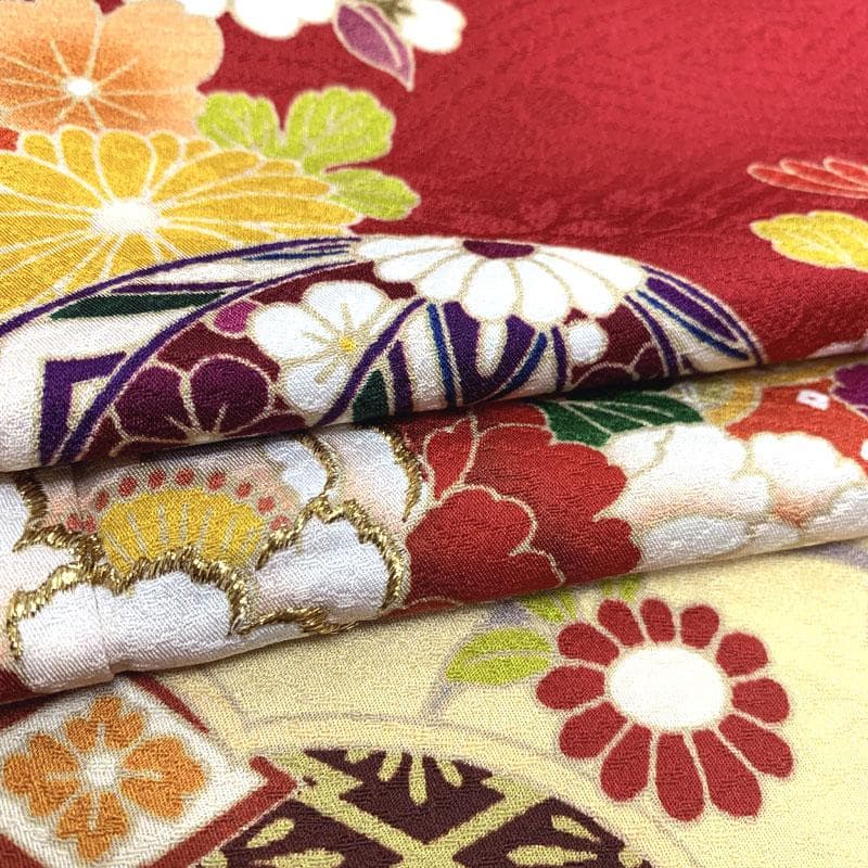 508z8〇京都きもの友禅 古典柄 振袖 地紋 毬 松竹梅 赤〇成人式 結婚式