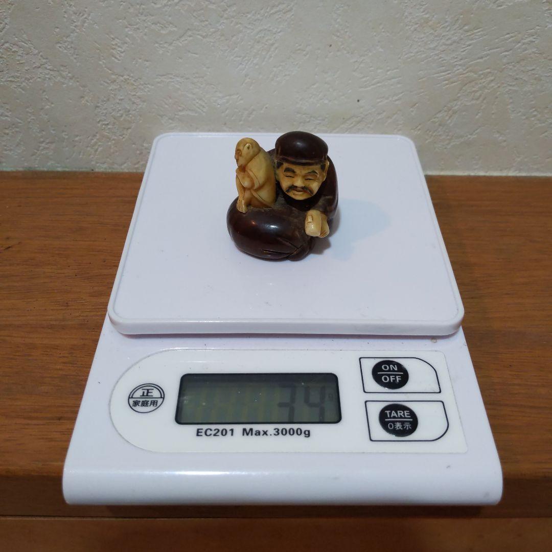 時代提物 縁起物置根付 木彫り×天然素材 【大黒様と猿】高約4.1