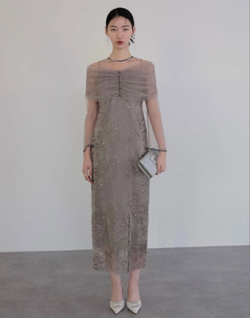 チュールオフショルダー花柄Iラインワンピースドレス結婚式パーティー成人式二次会