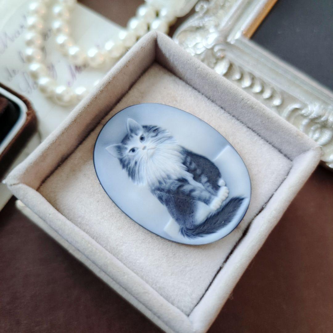 ドイツ CAMEO ストーン メノウ カメオ ルース 猫 メインクーン ブローチ