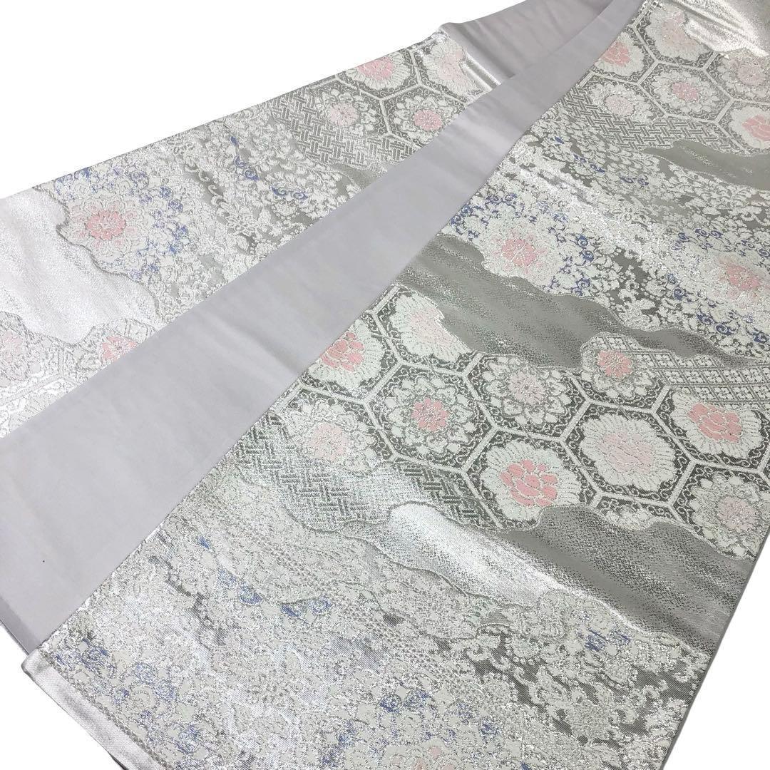 MO-3323 袋帯 亀甲に花模様 銀色 - メルカリ