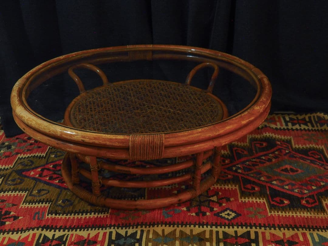 【値引中】ラタンガラストップラウンドテーブル