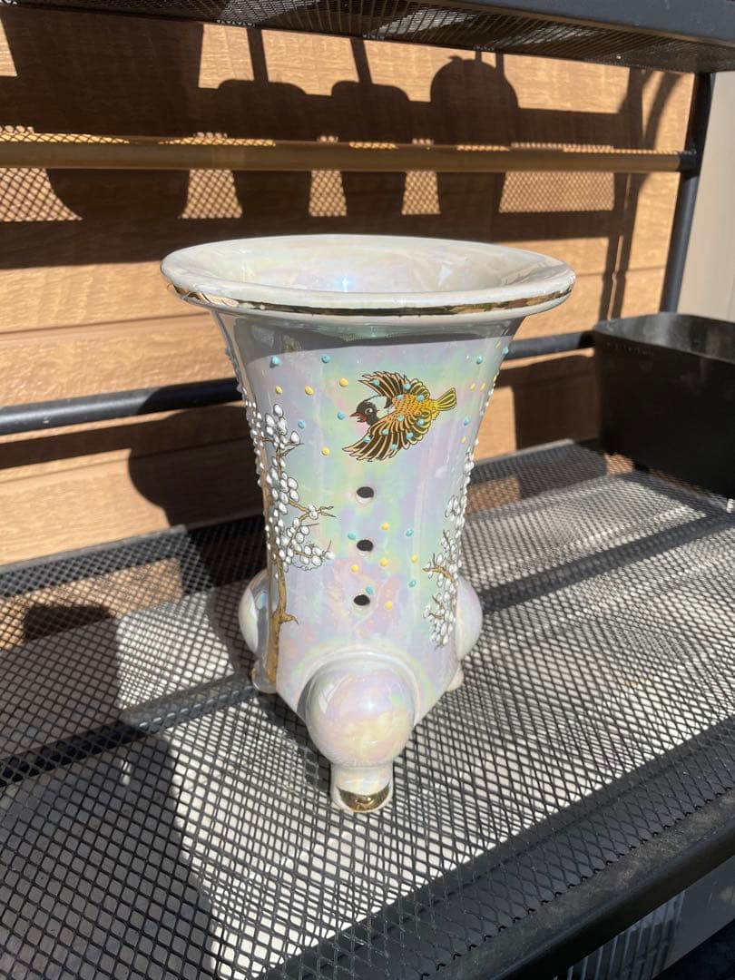 蘭鉢　錦鉢　猫足　三足　桜　花鳥図　白