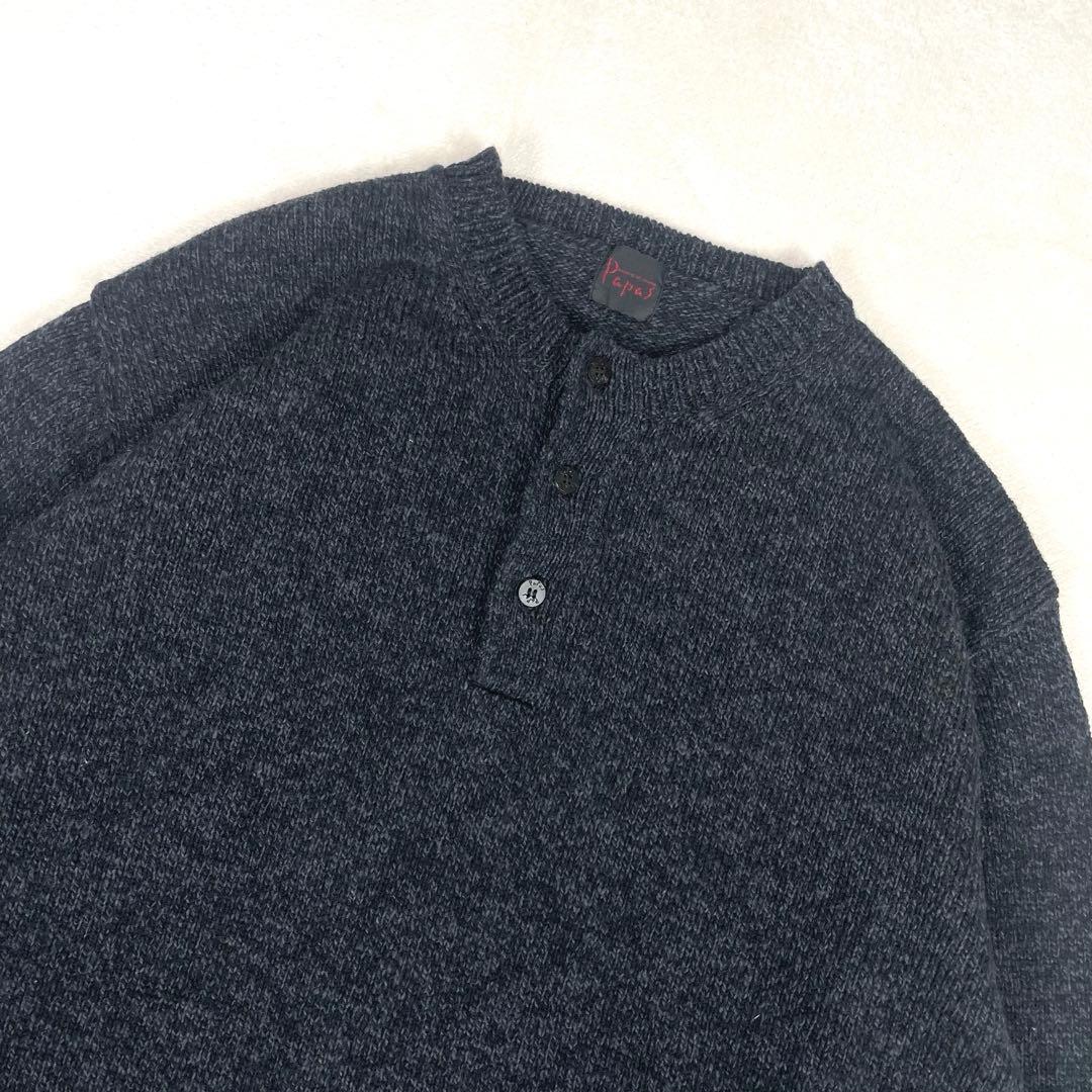 美品 パパス ウール100% ヘンリーネック ニット セーター L 霜降りグレー