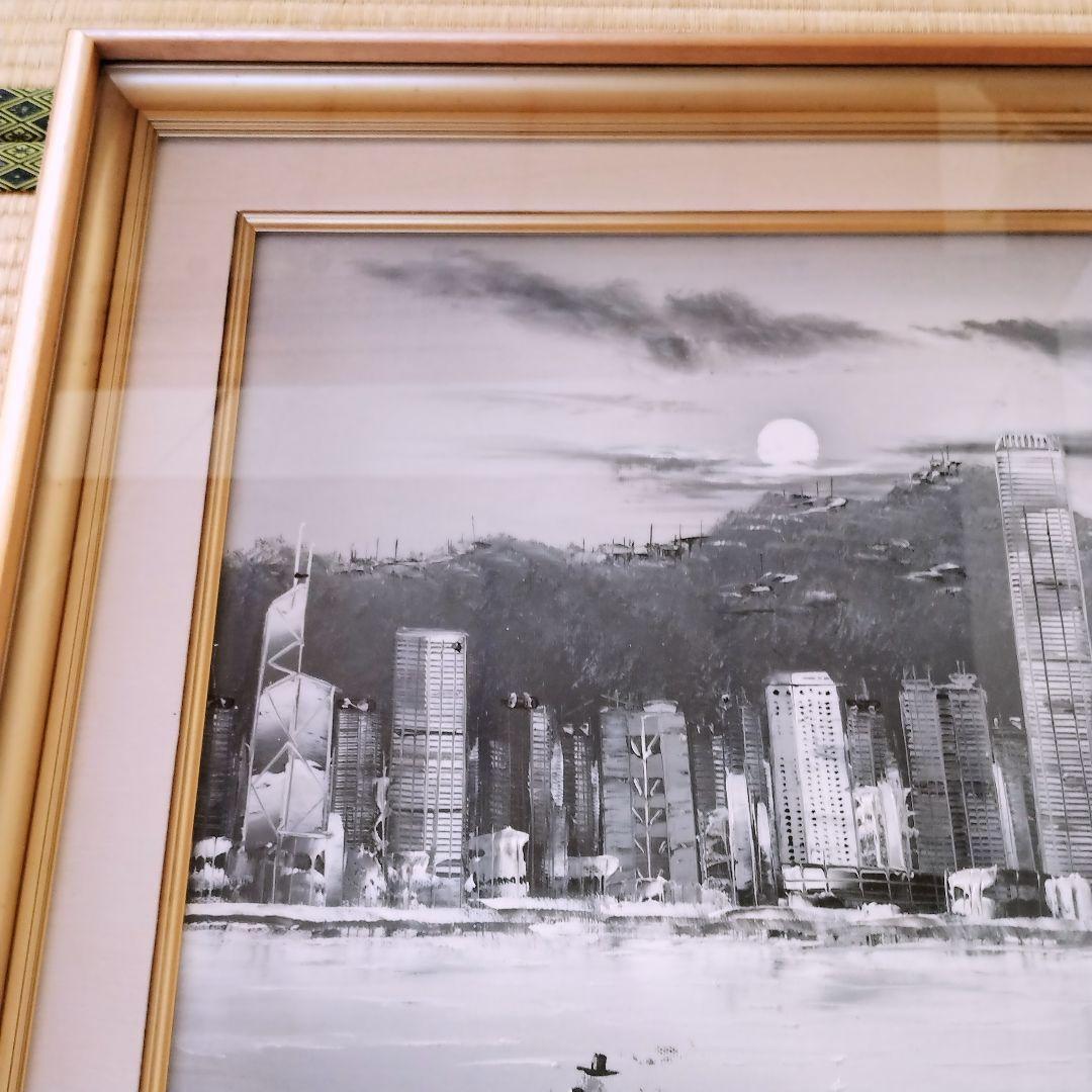 香港 ビクトリアハーバー モノクロ 油彩画 油絵 額装 インテリア アート