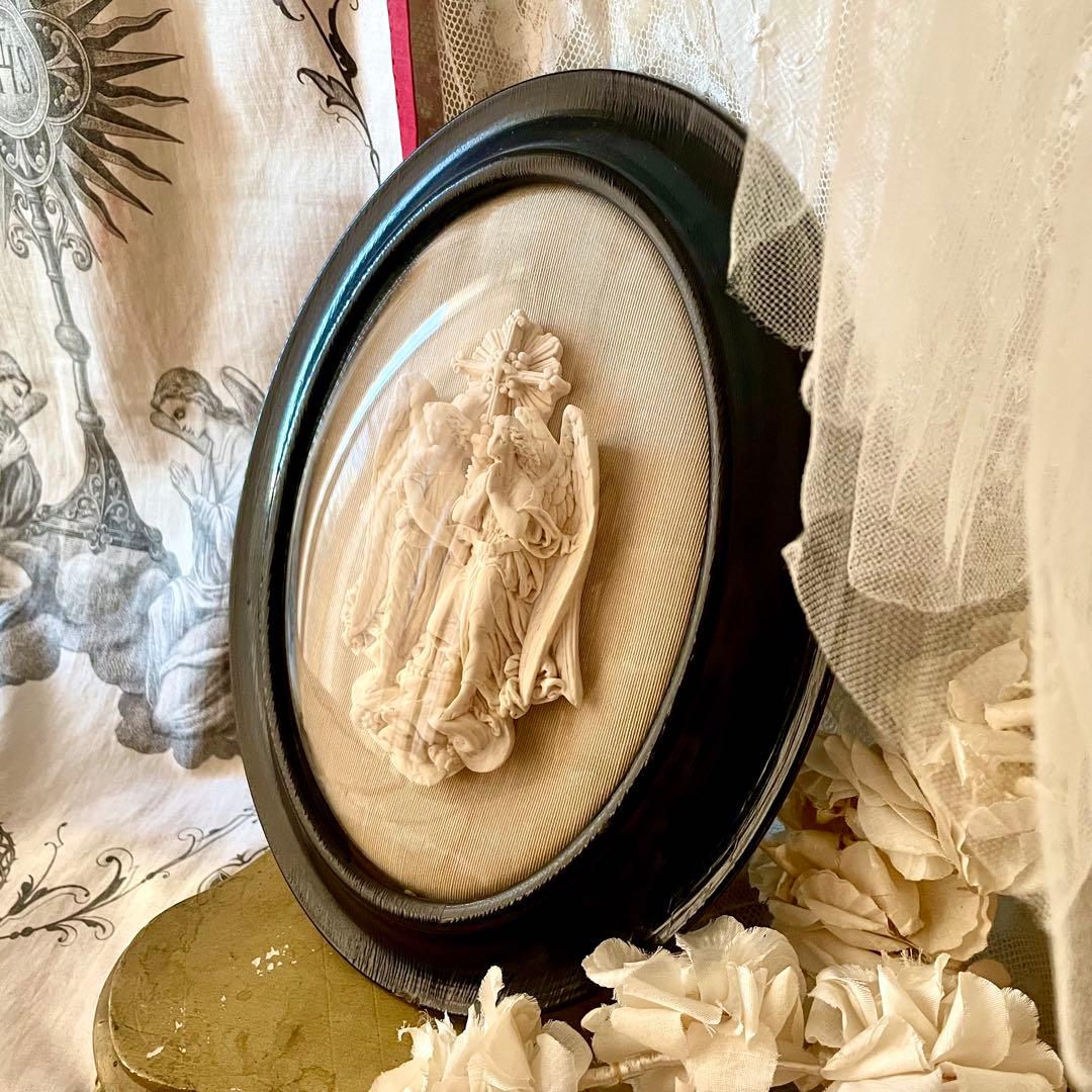 2人の天使のメダイヨン エンジェル フランスアンティーク エクリュ　フレーム