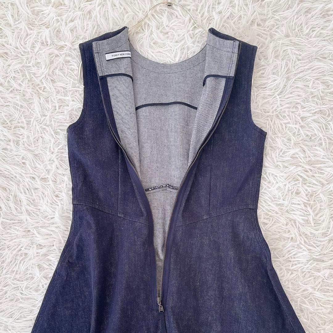 極美品✨フォクシーニューヨーク デニムワンピース タック ロゴプレート付き 38