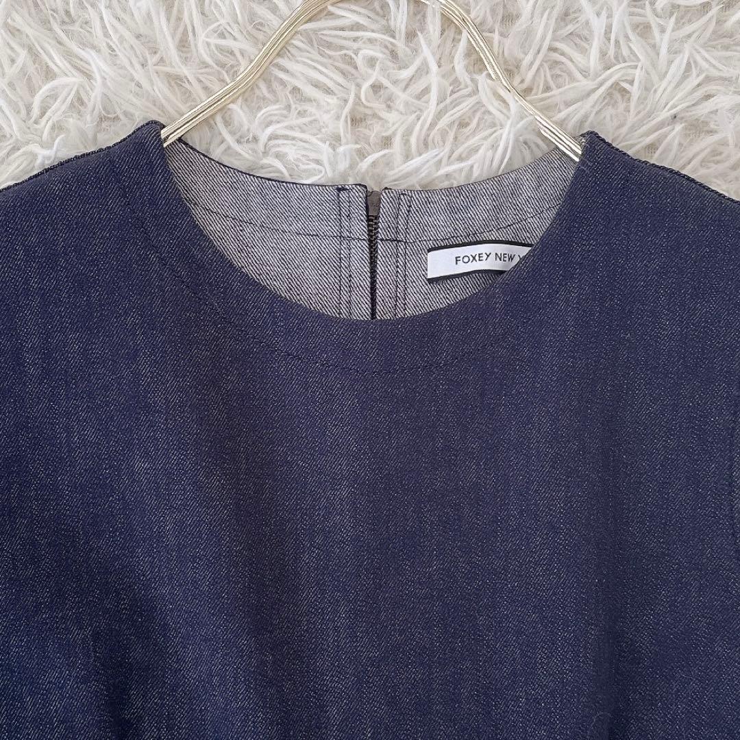 極美品✨フォクシーニューヨーク デニムワンピース タック ロゴプレート付き 38